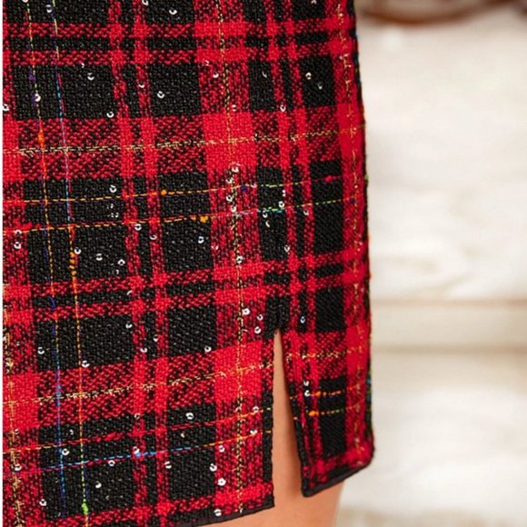 Coord set red plaid tweed jacket & plaid split hem mini skirt - Picture 4 of 7